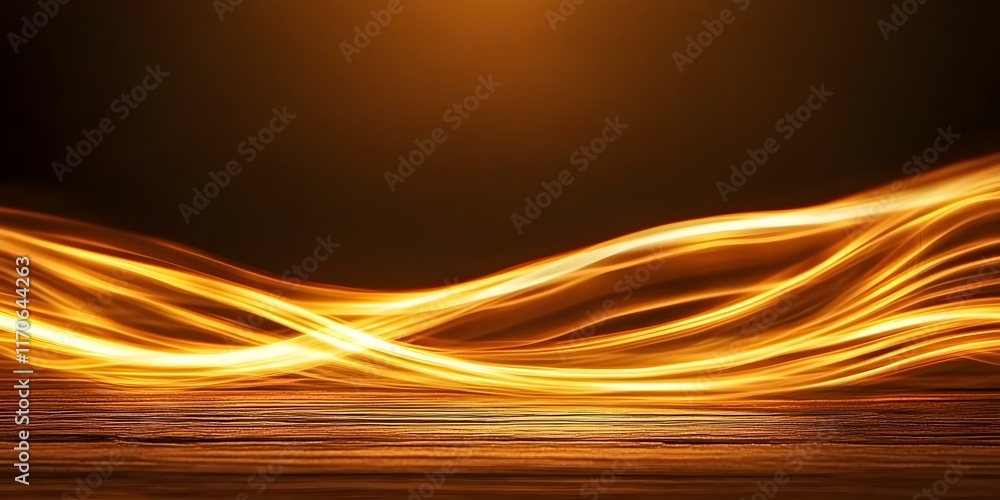 Poster abstract flowing lines of light in warm yellow and orange tones against a dark background, creating 