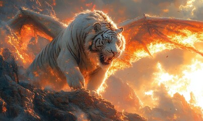 Fiery winged white tiger ascends rocky peak.