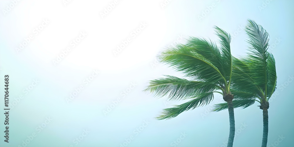 Poster two palm trees swaying in the wind against a bright, soft background with a hint of sunlight. concep