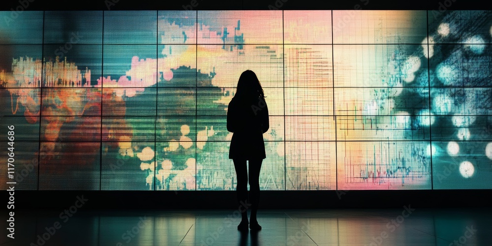 Poster silhouette of a person standing in front of a colorful digital display