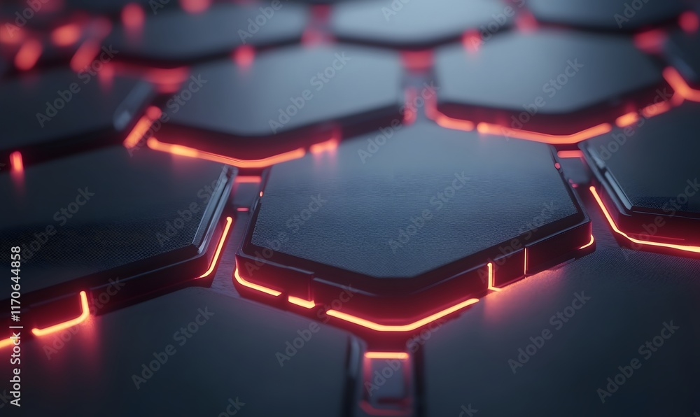Poster Abstract hexagonal grid with red neon glow.