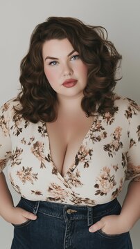 Confident plus size woman in floral blouse and denim, curly hair, plus-size fashion, hands in pockets