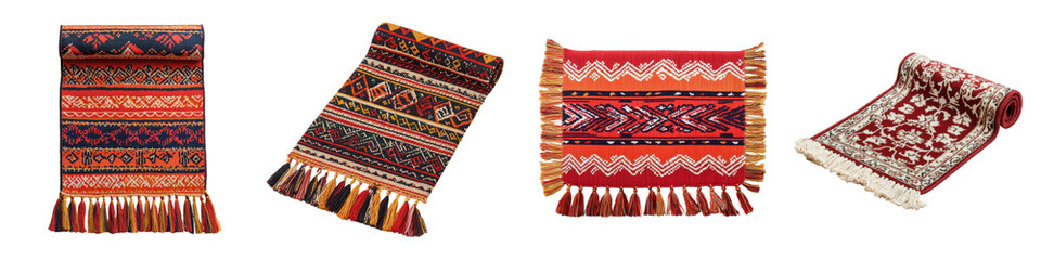 Vibrant intricately patterned textiles and woven fabrics used as rugs carpets wall hangings and...