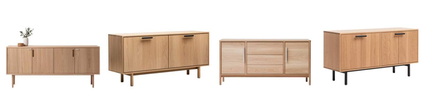A collection of modern minimalist wooden furniture pieces including a sideboard tv stand console table and credenza designed for a stylish and organized home living room interior