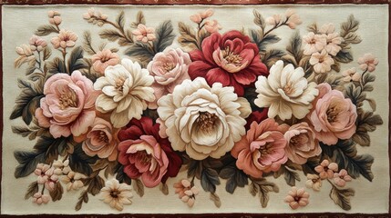 Floral rug, textured, embroidered blossoms.