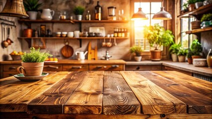 Cozy Rustic Kitchen with Warm Brown Wooden Table Top for Product Display and Atmosphere Enhancement