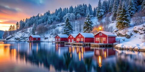 Fototapeta premium Cozy Red Cabins in a Snowy Harbor at Dusk - Winter Wonderland Landscape