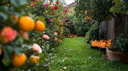 Obraz premium Lush Backyard Garden Path with Blooming Roses and Ripe Oranges