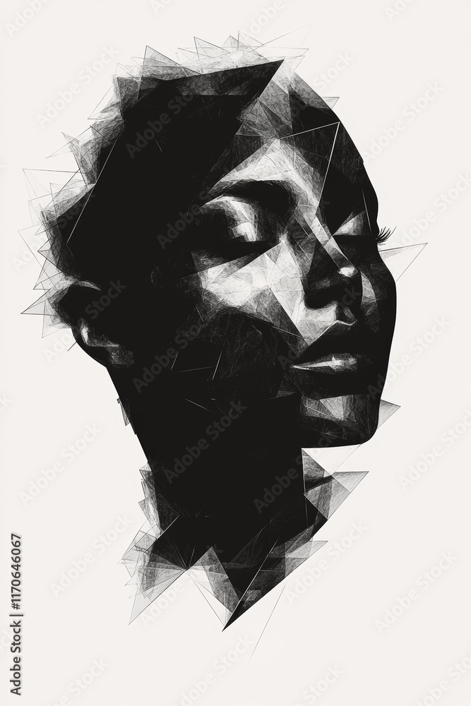 Poster abstract geometric portrait of a woman in black and white with triangular patterns