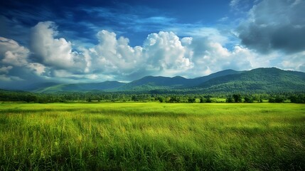 Fototapeta premium Serene landscape of lush green field under a vibrant blue sky with fluffy clouds and distant mountains.