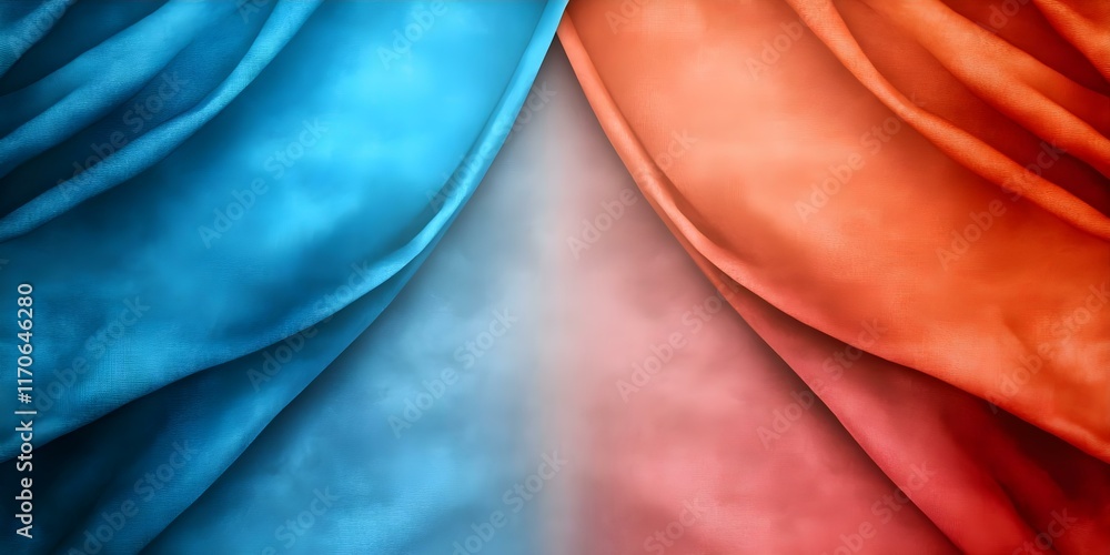 Poster a split design featuring flowing blue and orange fabric creating an illusion of depth and texture in