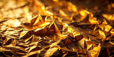 Golden metallic foil illuminated by soft warm light on a dark background creates a sense of luxury and elegance