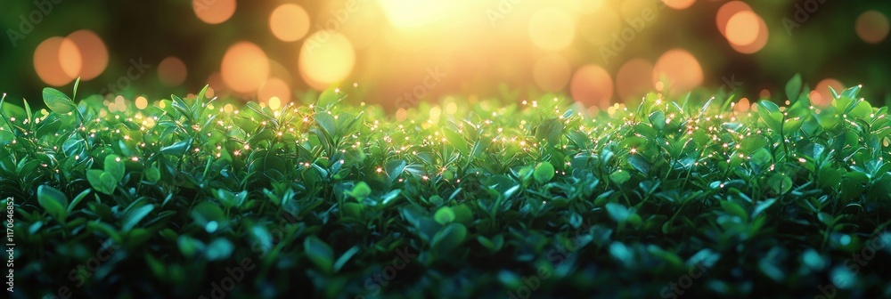 Poster vibrant green field with dew and colorful bokeh in soft sunlight