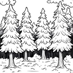 Simple Coloring Page: Tall Pine Trees in a Forest for Kids