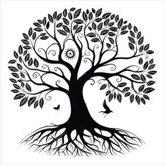 Obraz premium Intricate black and white tree of life illustration with roots and leaves