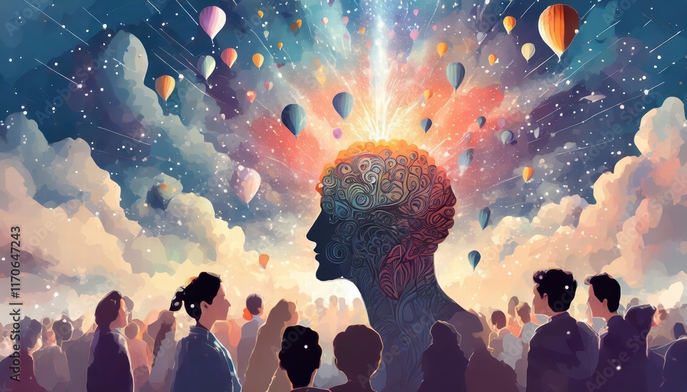 Poster exploring the annual collective mind a concept art illustration of the exploding mind and inner worl