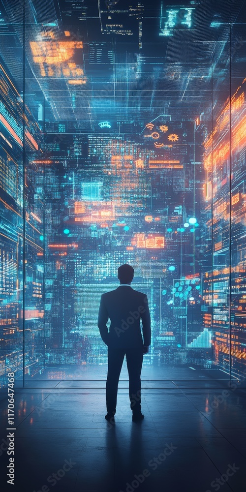 Poster realistic concept of big data visualization with businessman analyzing digital information