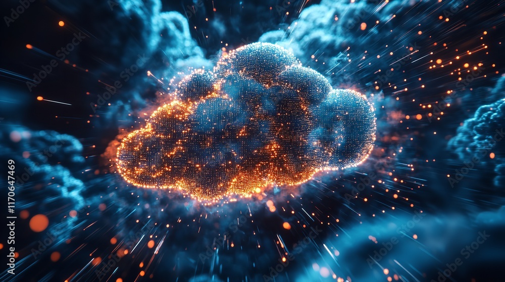 Poster abstract digital cloud network data technology orange blue glow web art light lines spark style