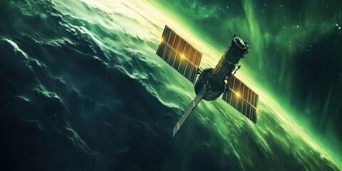 Satellite Orbiting Earth Under Stunning Green Aurora Lights