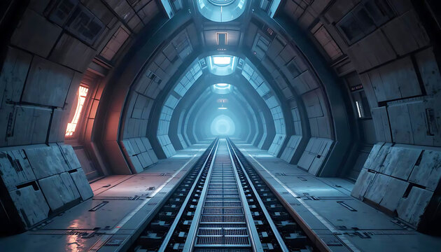 A symmetric view of a futuristic railway tunnel featuring parallel tracks under blue and orange lighting. The architectural design suggests advanced technology and a science fiction atmosphere.