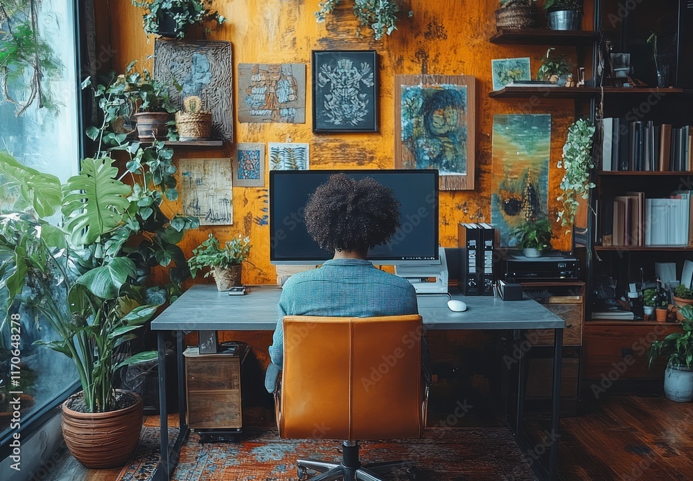 Aufkleber man at modern desk working with computer in stylish office space