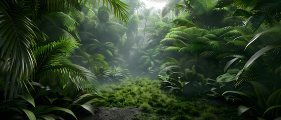 Lush Tropical Jungle Pathway Surrounded by Dense Greenery and Sunlight Filtering Through Foliage