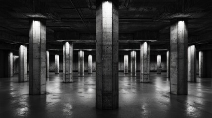 Fototapeta premium Concrete Columns in a Dark Underground Space