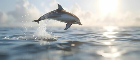 Fototapeta premium Graceful dolphin leaps from shimmering ocean water against a backdrop of soft clouds and radiant sunlight at dawn or dusk