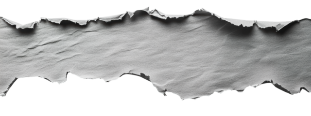 Torn Gray Paper on White Background, vibrant gray sheet with jagged edge, centered for text placement, minimalist design, striking contrast