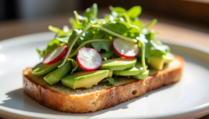 Vibrant avocado sandwich with radish and arugula, healthy lifestyle