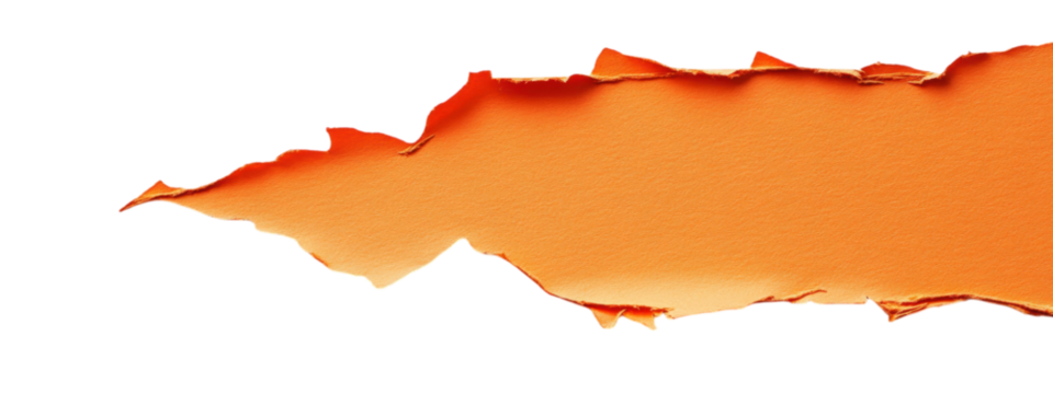 Torn Orange Paper Minimalist Design, vibrant jagged orange sheet on white, striking contrast ideal for text placement and visual impact