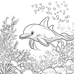 Obraz premium Happy Dolphin Underwater Coloring Page: Simple Illustration for Kids