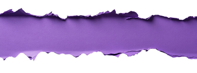 Fototapeta premium Torn Purple Paper Design, vibrant purple with jagged edge, centered for text, minimalist, striking contrast against white background