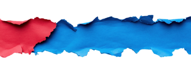Torn Red Paper and Blue Sheet on White, vibrant jagged edges, minimalist design, striking contrast for impactful text placement