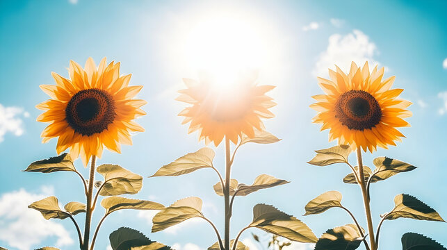 Three vibrant sunflowers bask in bright sunlight against a clear blue sky, showcasing their sunny disposition and natural beauty.