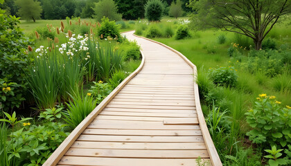 Obraz premium Winding wooden pathway through lush greenery, nature's tranquility