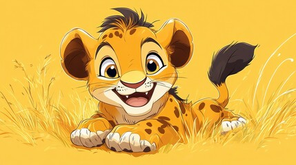 Adorable cartoon lion cub in tall grass.
