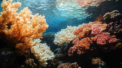 Vibrant coral reef with diverse marine life under sunlit ocean surface.