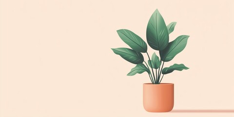 Modern Plant Illustration with Green Leaves in Orange Pot on Pastel Background