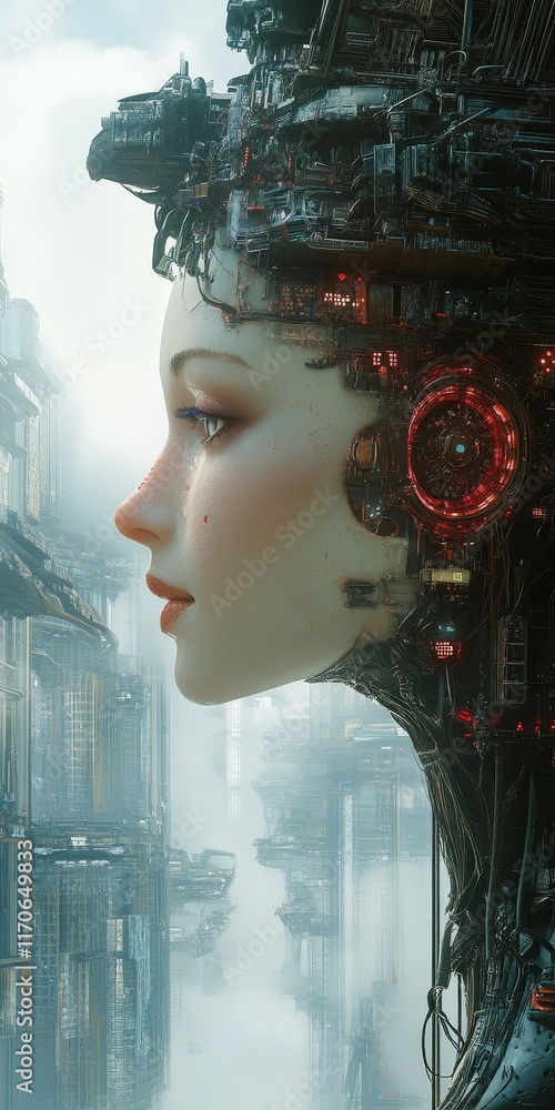 Poster futuristic android profile with intricate cybernetic structures and urban background