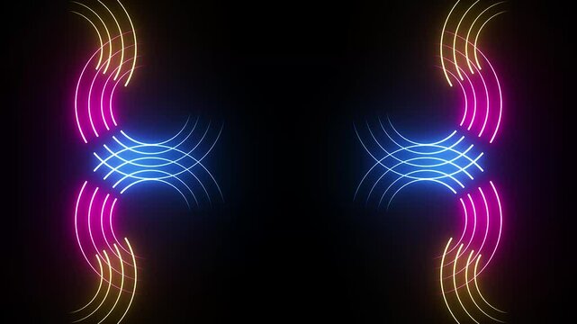 3D render, Neon glowing blue and purple laser beam circle with floor reflection on black blackground 