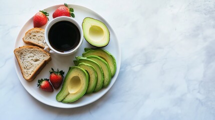 Balanced Breakfast with Coffee, Avocado, Toast, and Strawberries