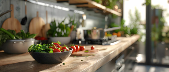 Fresh ingredients on wooden kitchen countertop in sunny modern kitchen with vegetables and herbs arranged for meal preparation