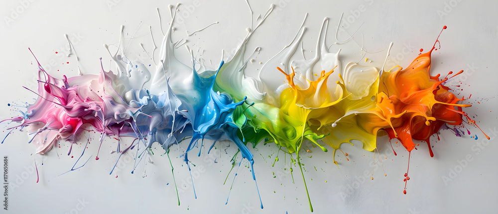 Poster vibrant abstract paint splashes in a spectrum of colors on a white background