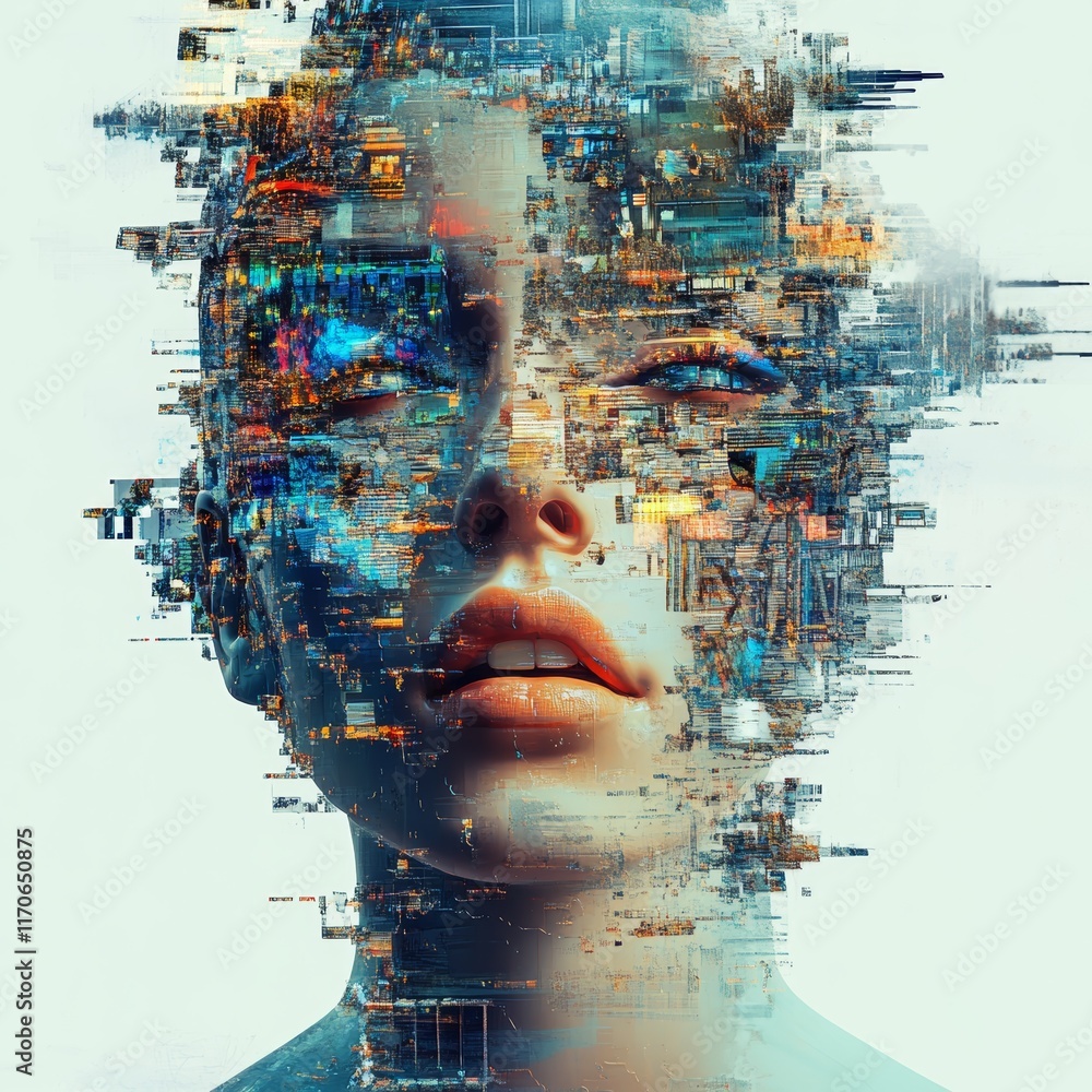Poster surreal representation of digital fragmentation in human form with abstract colors and patterns