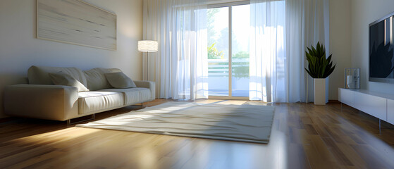 Fototapeta premium Bright and Spacious Living Room with Modern Furniture and Large Windows Allowing Natural Light to Flood the Space