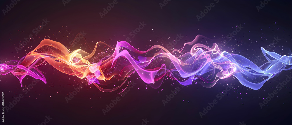 Poster colorful abstract waves of light with sparkles on dark background for artistic backgrounds and desig