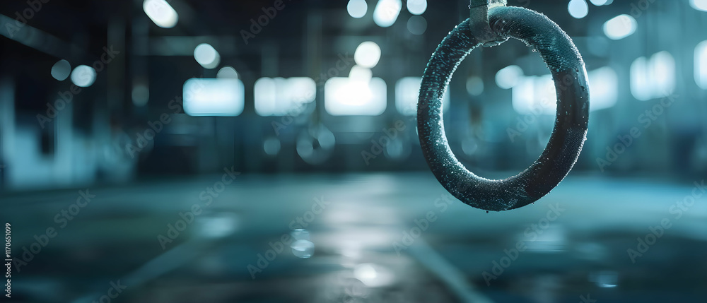 Aufkleber close-up view of worn gymnastic ring hanging in an empty training facility with soft bokeh backgroun