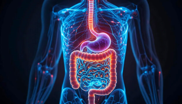 Holographic Visualization of the Human Digestive System: Color-Coded Organs with Soft Glowing Effects on a Dark Background.