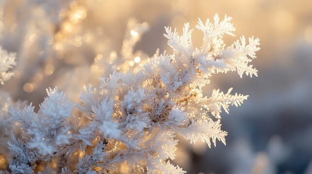 Frosted winter plant branch, illuminated by golden sunlight.